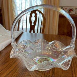 vintage L.E. Smith iridescent carnival glass basket in the Rose pattern
